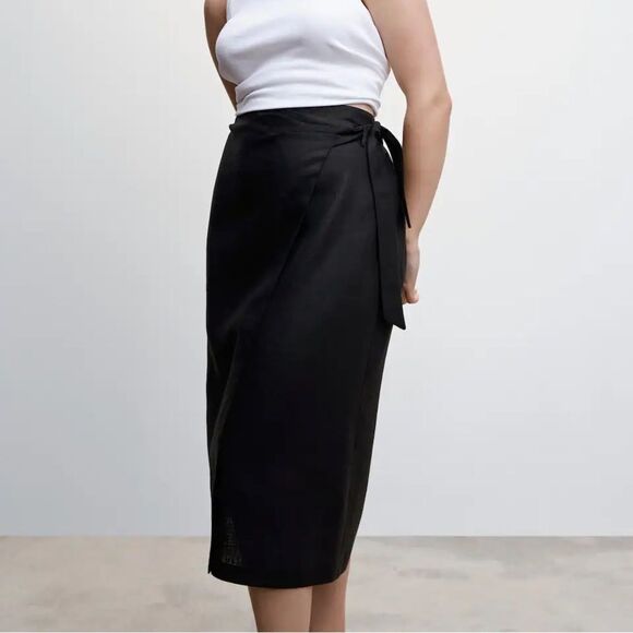 Mango 100% Linen Pareo Wrap Skirt Black - Picture 2 of 13